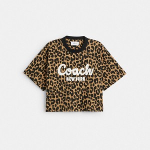 Magliette Donna Coach Leopard Cursive Signature Cropped Leopardate | ITFDI502