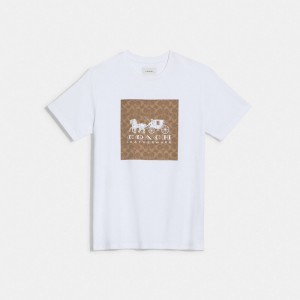 Magliette Donna Coach Signature Horse And Carriage In Organic Cotton Bianche Marroni | ITOKD507