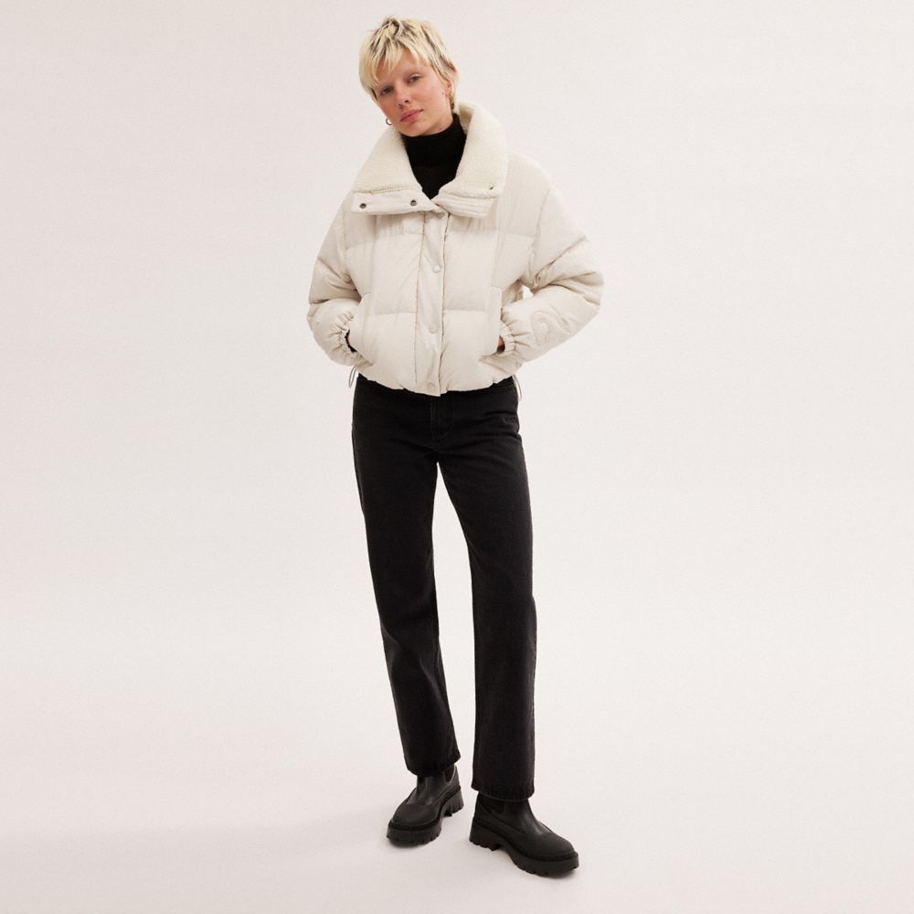 Giacca Donna Coach Cropped Puffer With Sherpa Bianche | ITHAF427