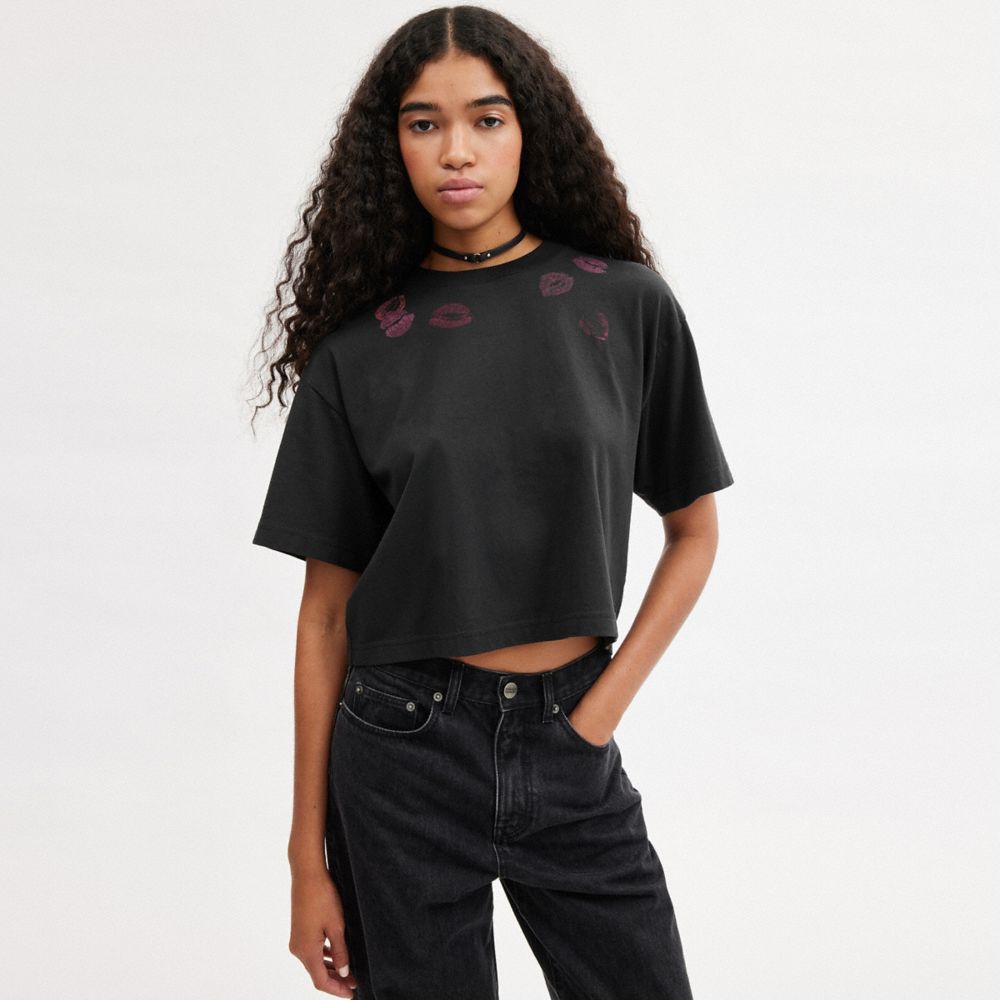 Magliette Donna Coach Buy Now Lip Print Cropped Nere | ITVRM493