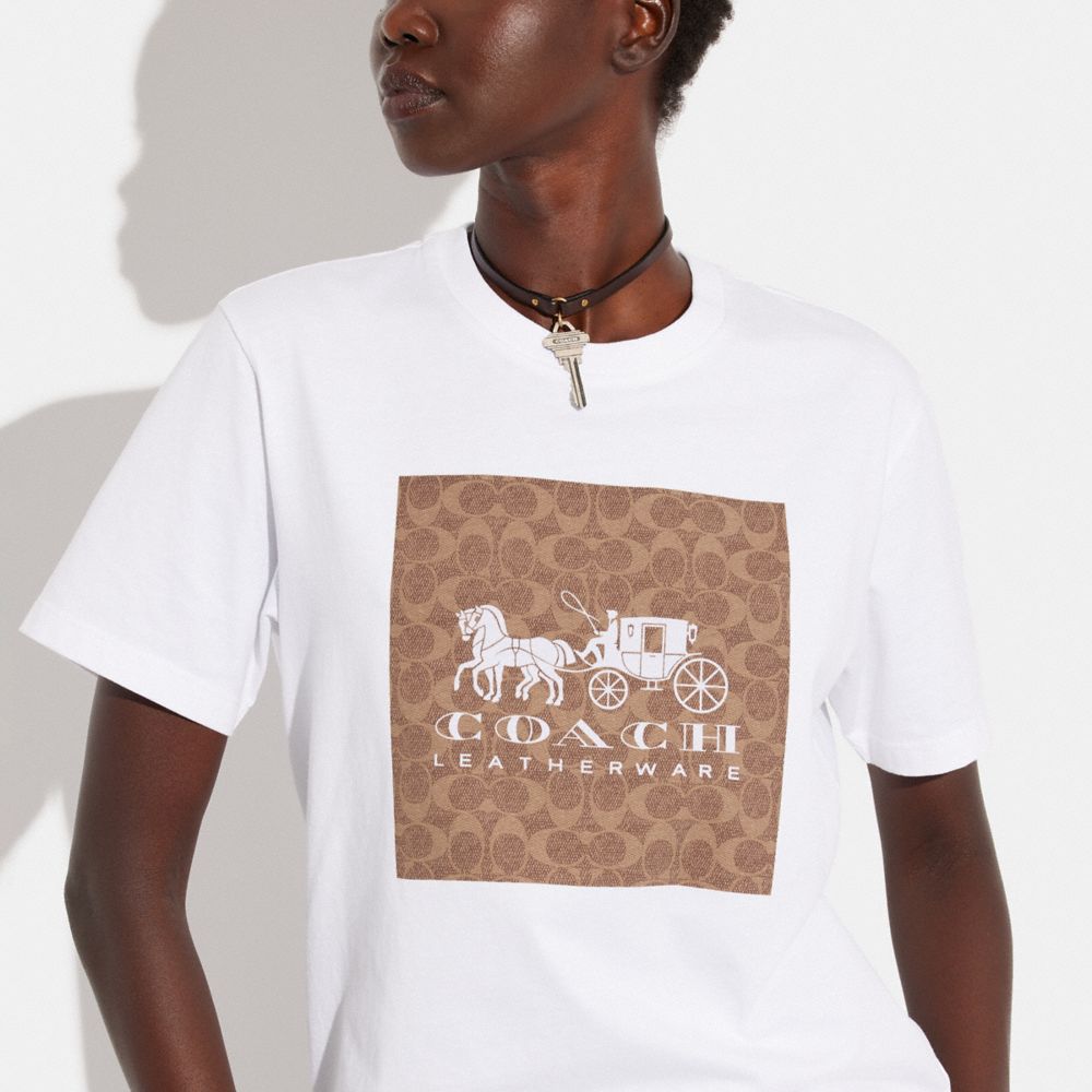 Magliette Donna Coach Signature Horse And Carriage In Organic Cotton Bianche Marroni | ITOKD507